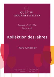 Grafik einer Auszeichnung mit Text für das Weingut Schindler als "Kollektion des Jahres" beim Rotwein-CUP 2024 in Österreich.