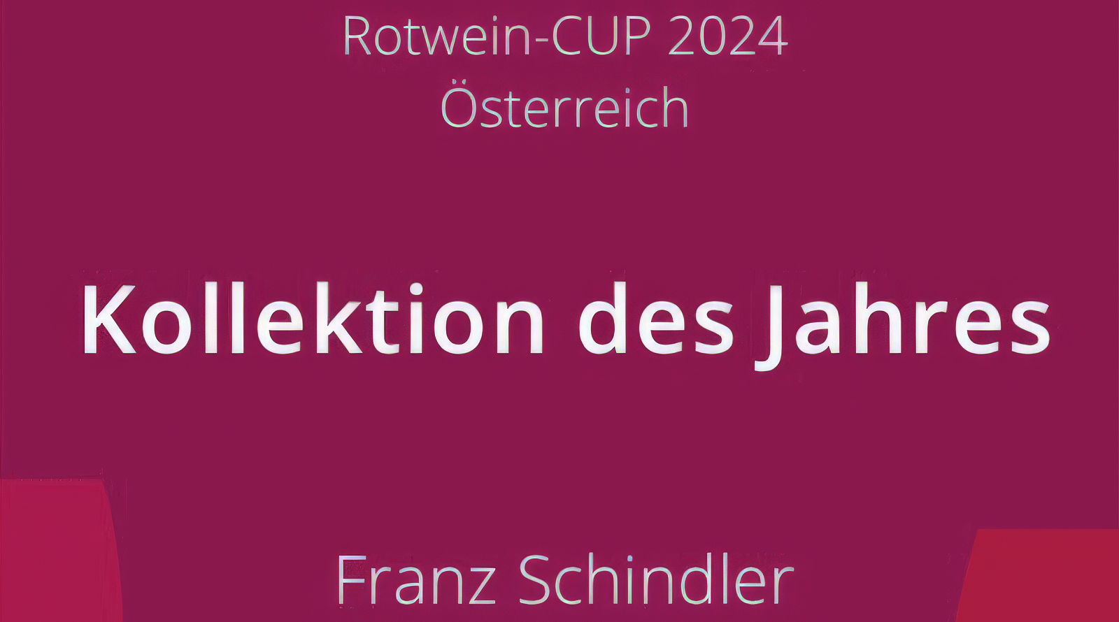 Grafik einer Auszeichnung mit Text für das Weingut Schindler als "Kollektion des Jahres" beim Rotwein-CUP 2024 in Österreich.