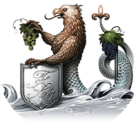Stilisiertes Wappen mit einem Adler-Meerjungfrauen-Hybrid, der Trauben hält, auf einem silbernen Schild über Wellen.